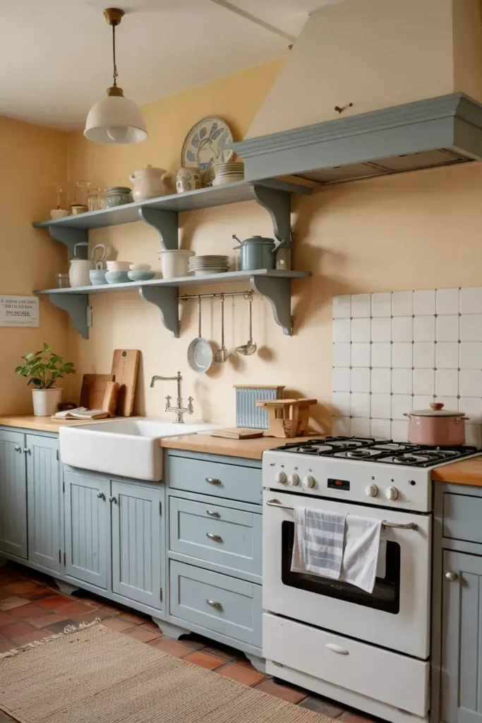 A country-style kitchen with pale blue cabinets, a white farmhouse sink, open shelving, and a white stove.