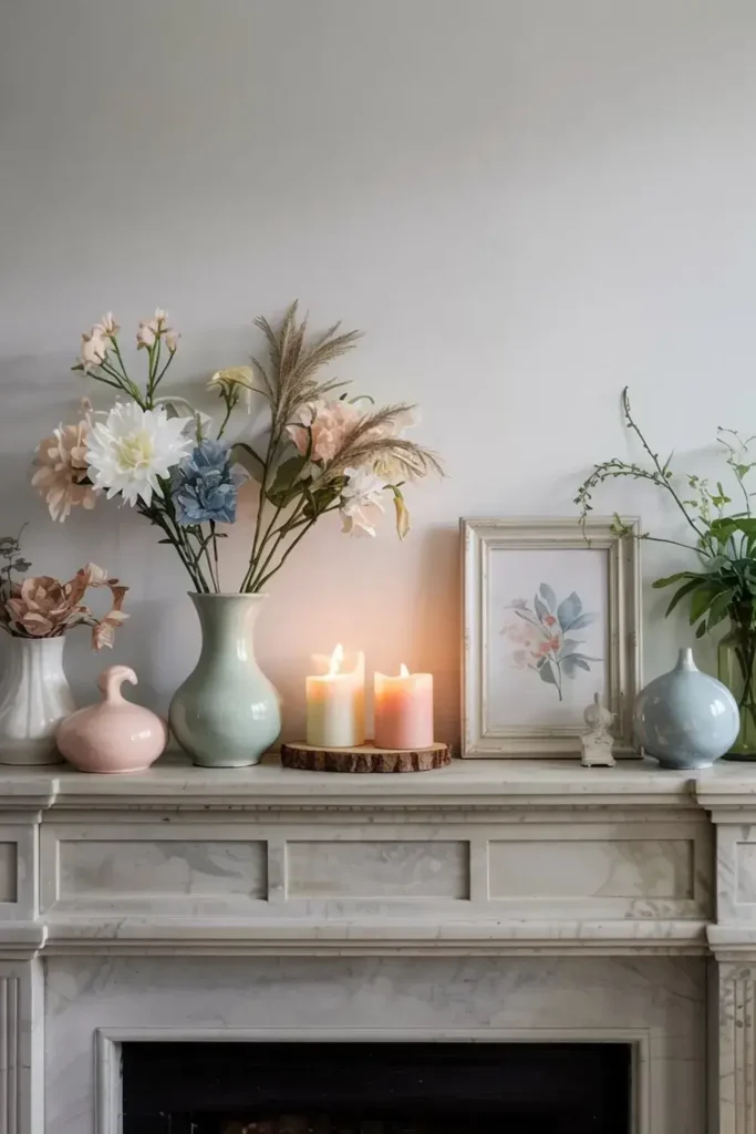 Mantelpiece decorated with vases of flowers, candles, a framed botanical print, and a small sculpture.