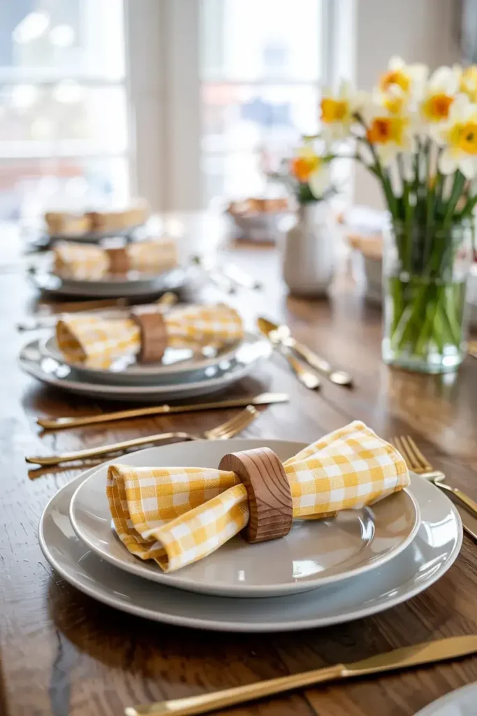 A dining table is set with plates, golden cutlery, yellow checkered napkins in wooden rings, and vases of daffodils.