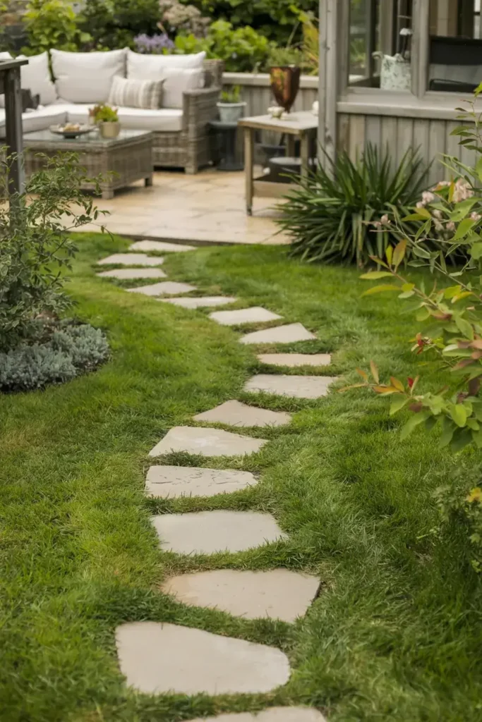 Irregular stone pavers form a winding path across a lawn towards a backyard patio.