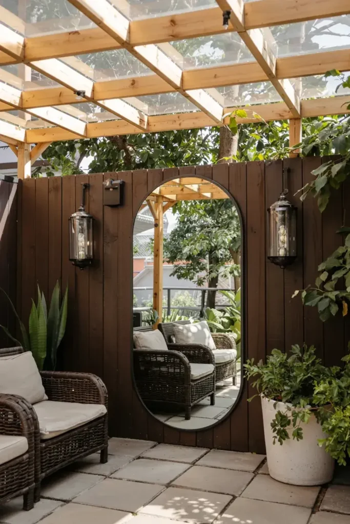 Outdoor patio with dark wood fence featuring a large oval mirror, lanterns, and wicker seating.