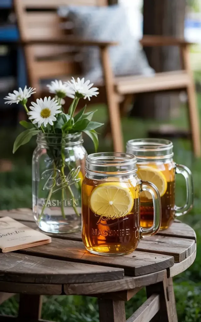 Mason jar vases with daisies and iced tea sit on a wooden barrel table outdoors with blurred chairs in the background.