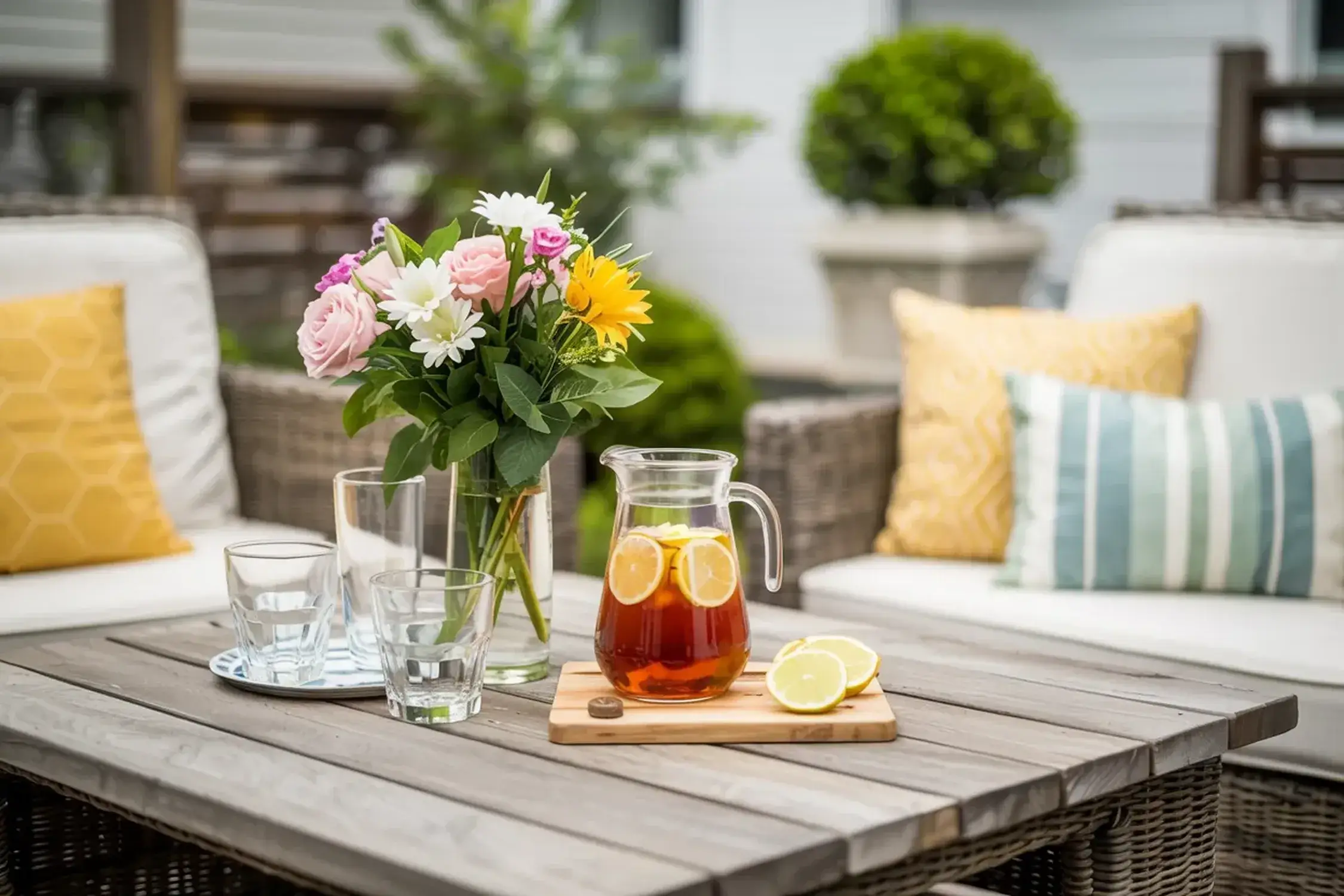 A wooden patio table with a vase of flowers, a pitcher of iced tea, and two glasses.