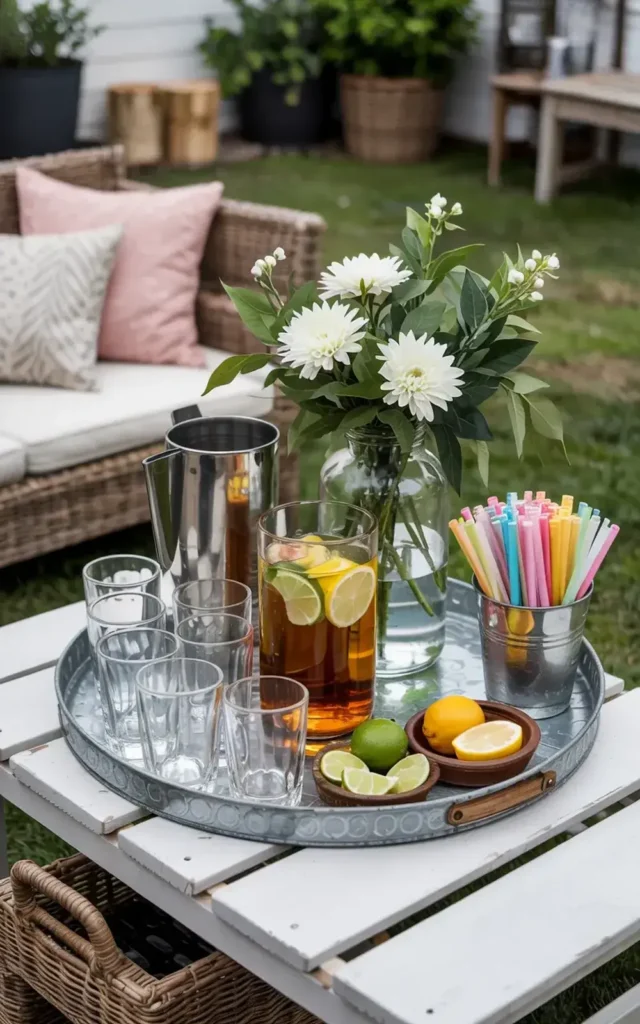 Tray with iced tea, glasses, colorful straws, and citrus fruit on a white wooden table in a backyard setting.