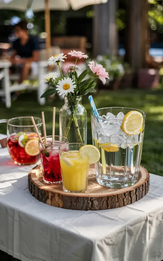 Assorted colorful drinks in glasses with fruit garnishes and flowers on a wood slice tabletop.