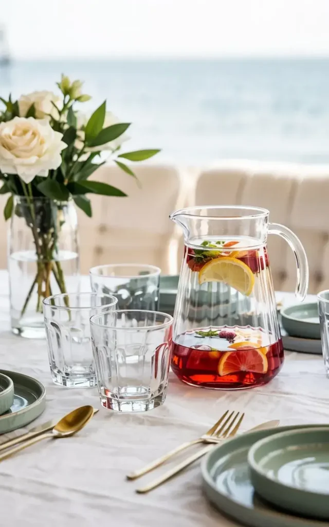 A table setting with a pitcher of red fruit-infused water, glasses, plates, and a vase of white roses overlooking the ocean.
