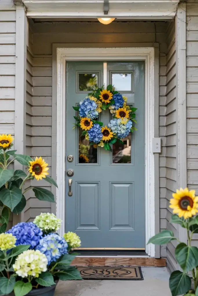 Grey-blue front door decorated with a sunflower and hydrangea wreath, flanked by potted sunflowers and hydrangeas.