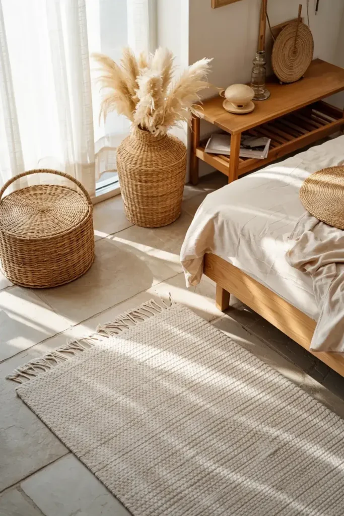 Sunlit bedroom corner featuring woven rug, pampas grass in a large woven vase, woven basket, and bed.