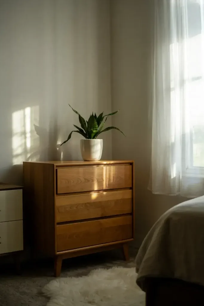 A snake plant in a white pot sits on a wooden dresser near a window with sheer curtains.