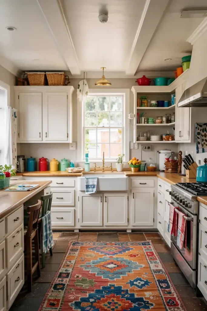 Bright, eclectic kitchen with white cabinets, wooden countertops, and a colorful patterned rug.