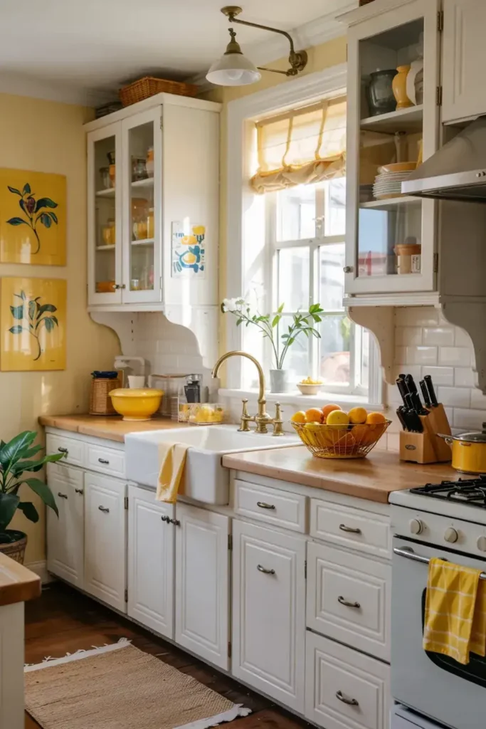 A sunlit kitchen with white cabinets, wooden countertops, a farmhouse sink, and yellow accents.