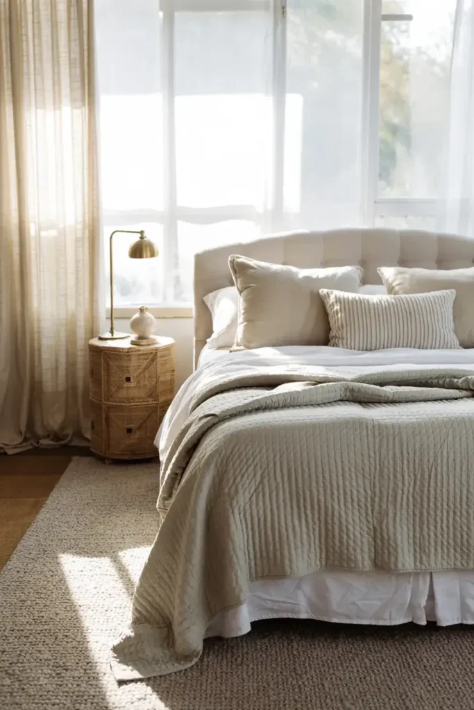 Serene bedroom featuring a tufted headboard bed with neutral bedding, a rattan bedside table with a lamp, and sheer curtains.