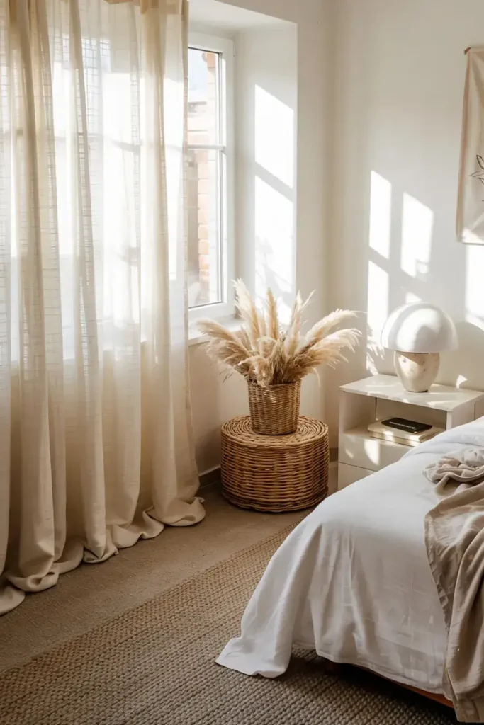 Sunlit neutral bedroom corner with sheer curtains, pampas grass on a wicker stool, and a bedside table.