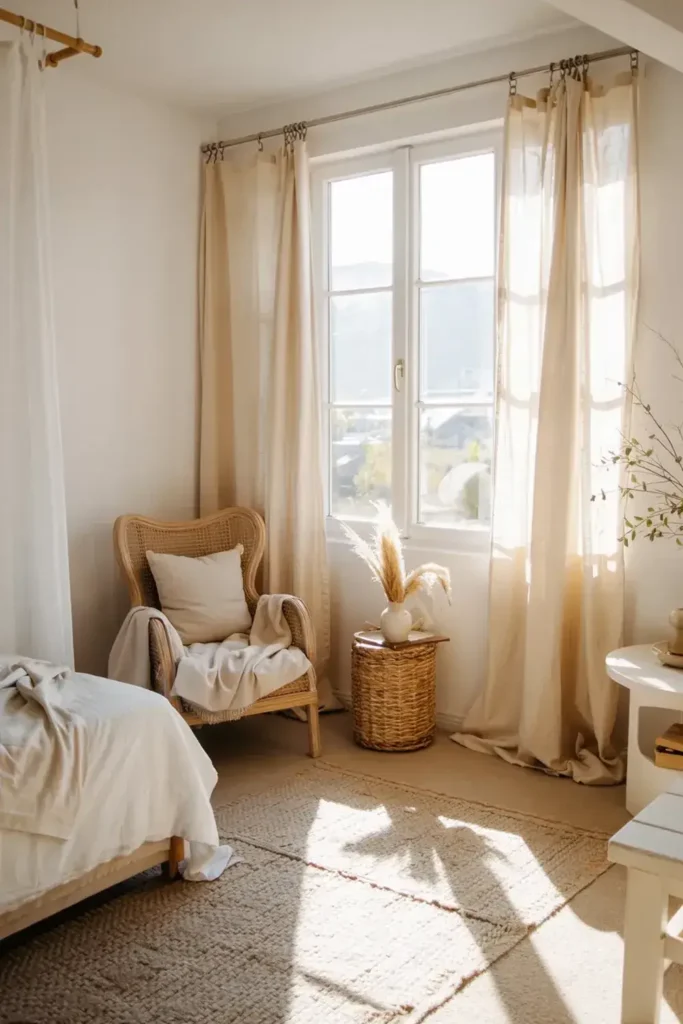 Bright bedroom corner with a rattan chair next to a large window with sheer beige curtains.