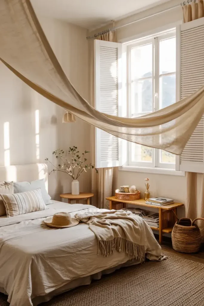 Sunlit bedroom with beige decor, a draped canopy, and a window with open white shutters.