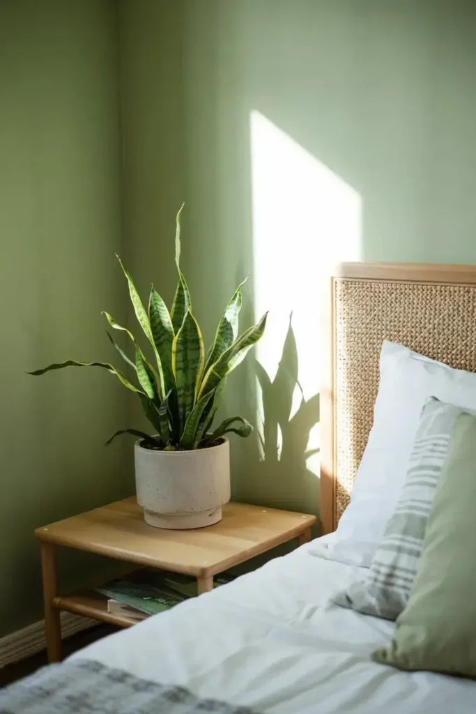 A snake plant in a white pot sits on a wooden bedside table next to a bed with a rattan headboard, casting a shadow on the sunlit green wall.
