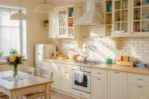 Bright, sunlit kitchen with white cabinets, a brick backsplash, wooden countertops, and a dining table with flowers.