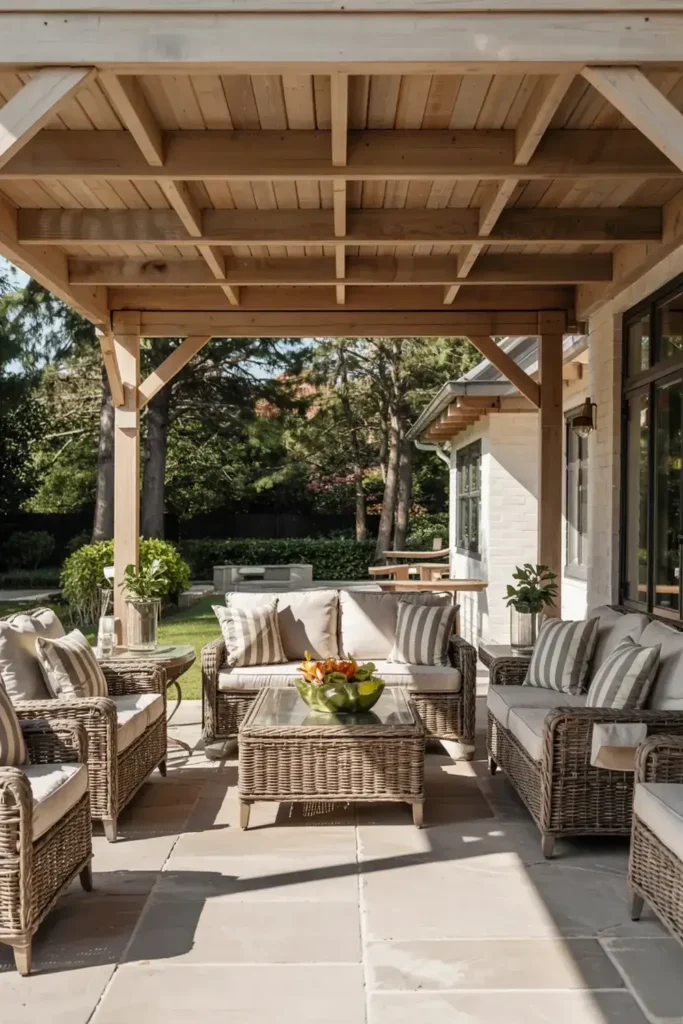 Covered patio with wicker seating, a glass-topped coffee table, and a view of a lush green garden.