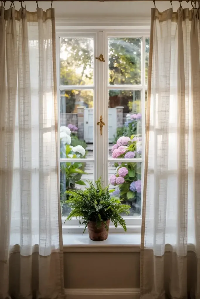 Fern in a pot on a windowsill, viewed through a white-framed window with sheer curtains, overlooking hydrangeas in a garden.