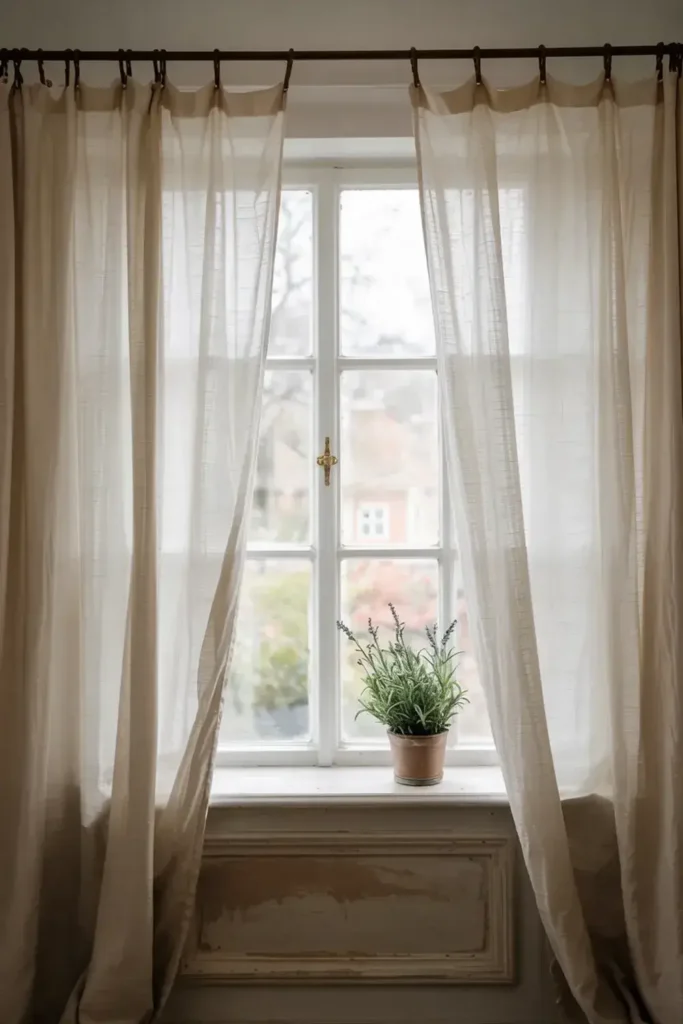 Window with cream-colored curtains, a small plant on the sill, and a view of a house.