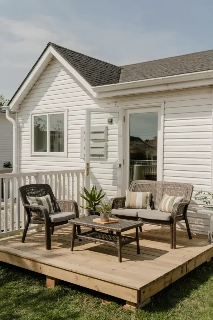 A wooden deck with wicker patio furniture sits in front of a white-sided house with a glass door.