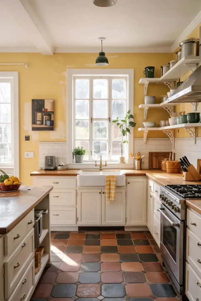 Sunlit kitchen with yellow walls, white cabinets, wooden countertops, and a patterned tile floor.