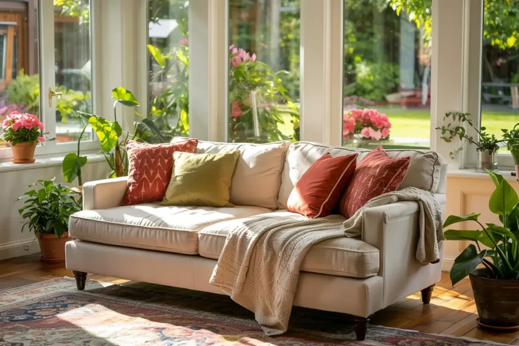 A sunlit living room with a white sofa, patterned pillows, a throw blanket, plants, and large windows overlooking a garden.