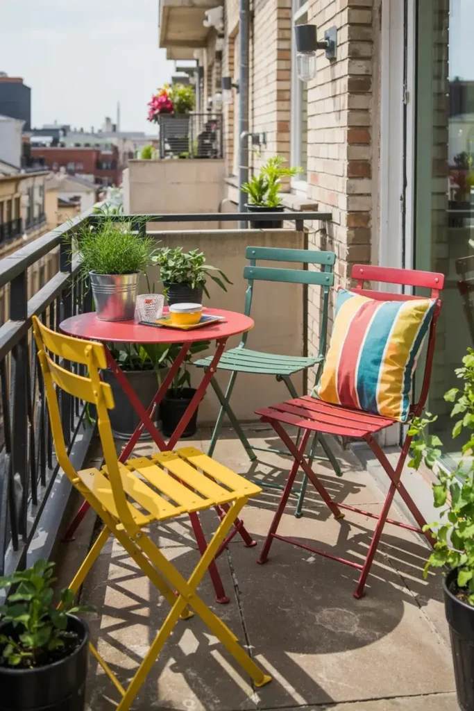 A sunny balcony with a red table, and yellow, green, and red folding chairs, surrounded by potted plants.