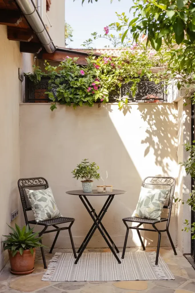 Sunny patio with a black metal bistro table and chairs, cushions, rug, and potted plants.