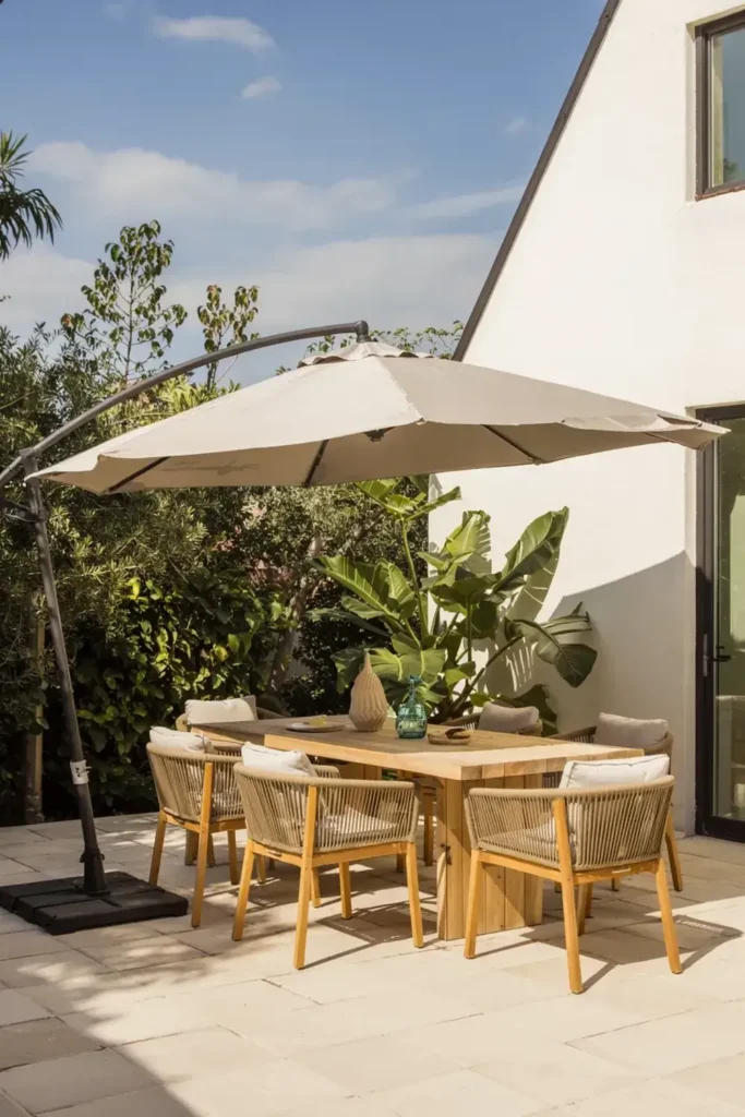 Wooden outdoor dining table with woven rope chairs shaded by a beige cantilever umbrella.