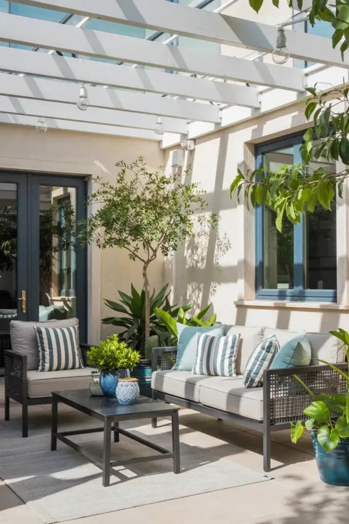 Sunny patio with modern grey furniture, blue striped cushions, plants, and a white pergola.