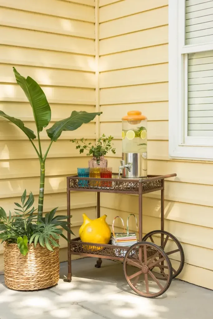 A metal bar cart on a patio holds a drink dispenser with limes, colorful glasses, and decor, next to potted plants.