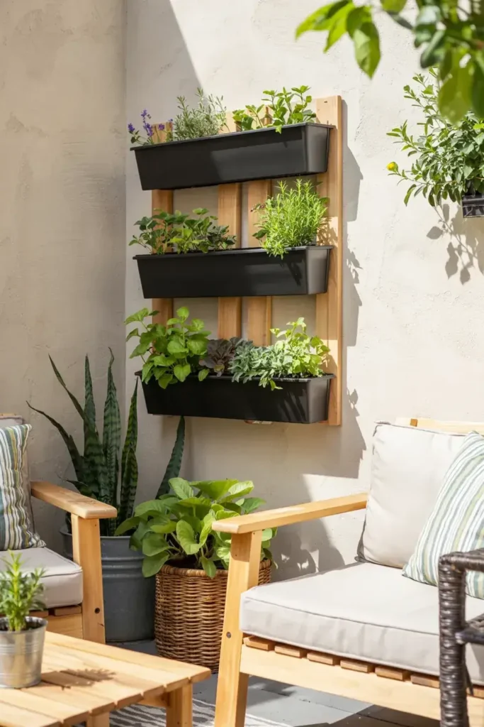 Wooden vertical wall planter with three black tiers filled with various herbs on a patio wall.