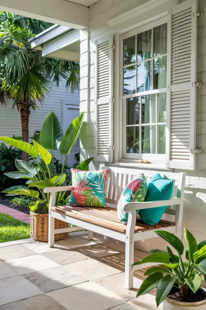 A white wooden bench with tropical pillows sits on a sunlit patio next to potted plants and a window with shutters.
