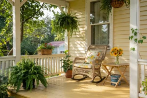 Sunlit house porch with a wicker rocking chair, potted ferns, and sunflowers.