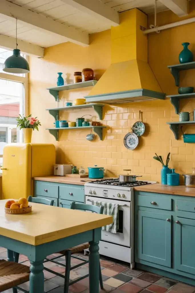 A brightly lit retro kitchen with yellow walls and appliances, teal cabinets, and a yellow-topped teal table.