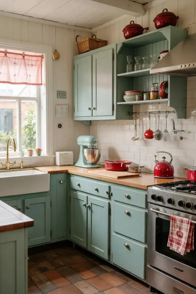 A cozy cottage kitchen with mint green cabinets, wooden countertops, and a farmhouse sink.