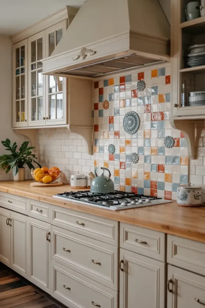 Country-style kitchen with cream cabinets, wooden countertops, a gas stovetop with a kettle, and a colorful tiled backsplash.