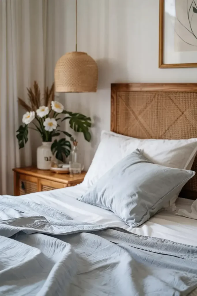 Bed with light blue bedding, rattan headboard, bedside table with flowers, and wicker pendant light.
