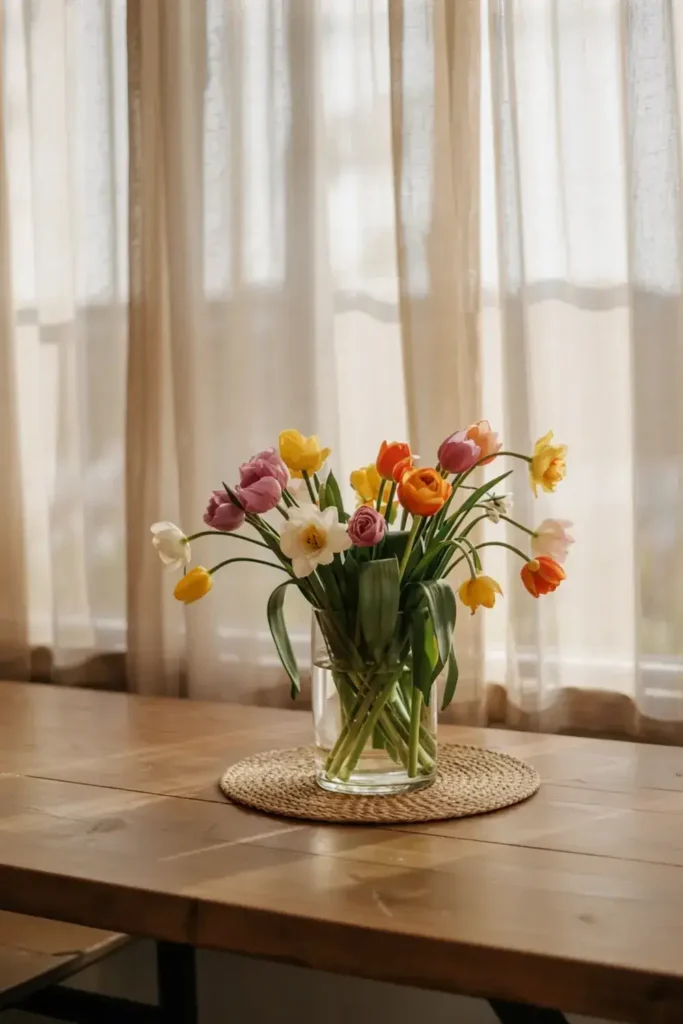 Vase of colorful tulips and daffodils on a wooden table against a sheer curtain backdrop.