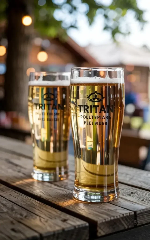 Two glasses of golden beer with “Tritan” logo on a wooden table with blurred outdoor lights in the background.