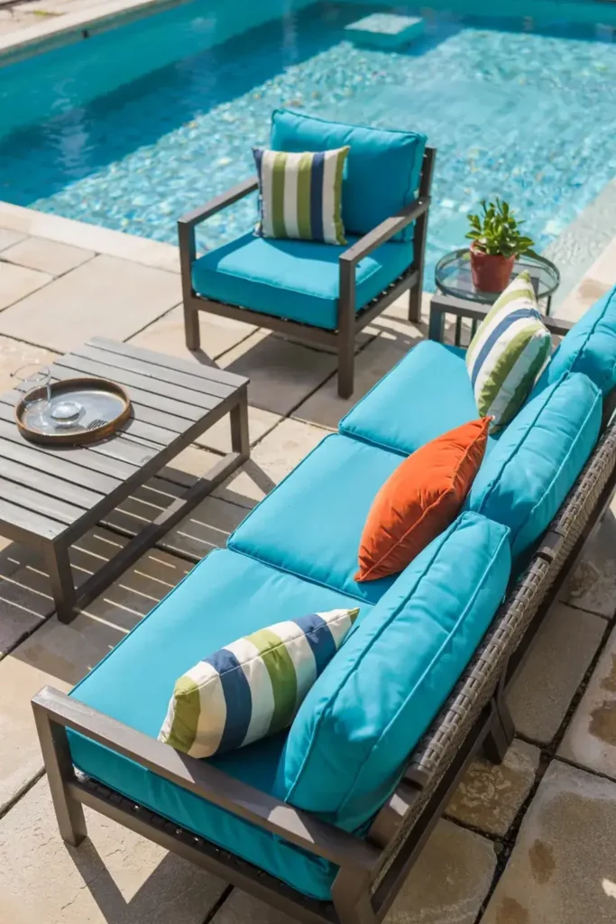 Outdoor lounge furniture with bright blue cushions and colourful pillows beside a swimming pool.