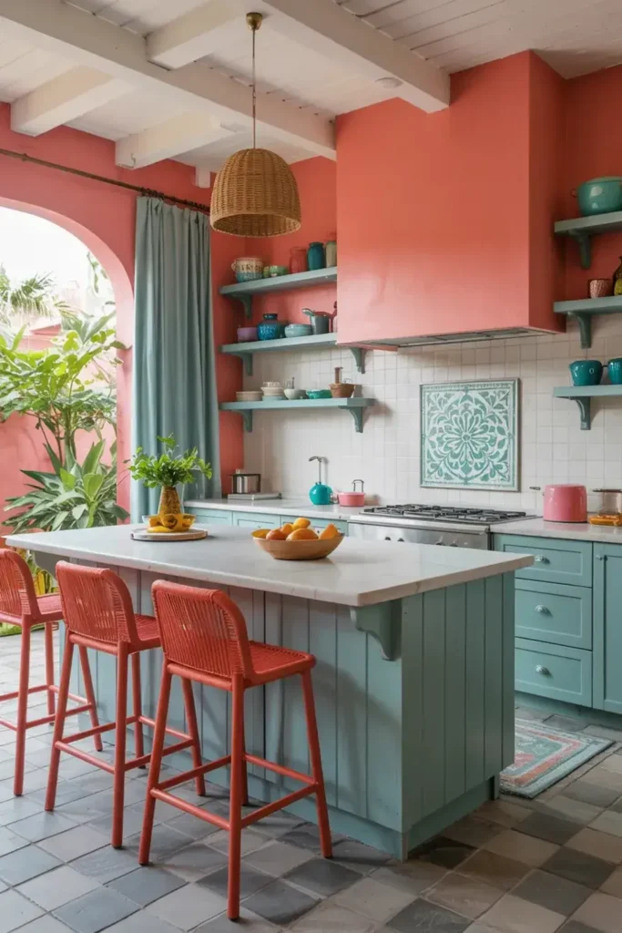 Bright kitchen with coral walls, teal cabinets, and a kitchen island with orange stools.