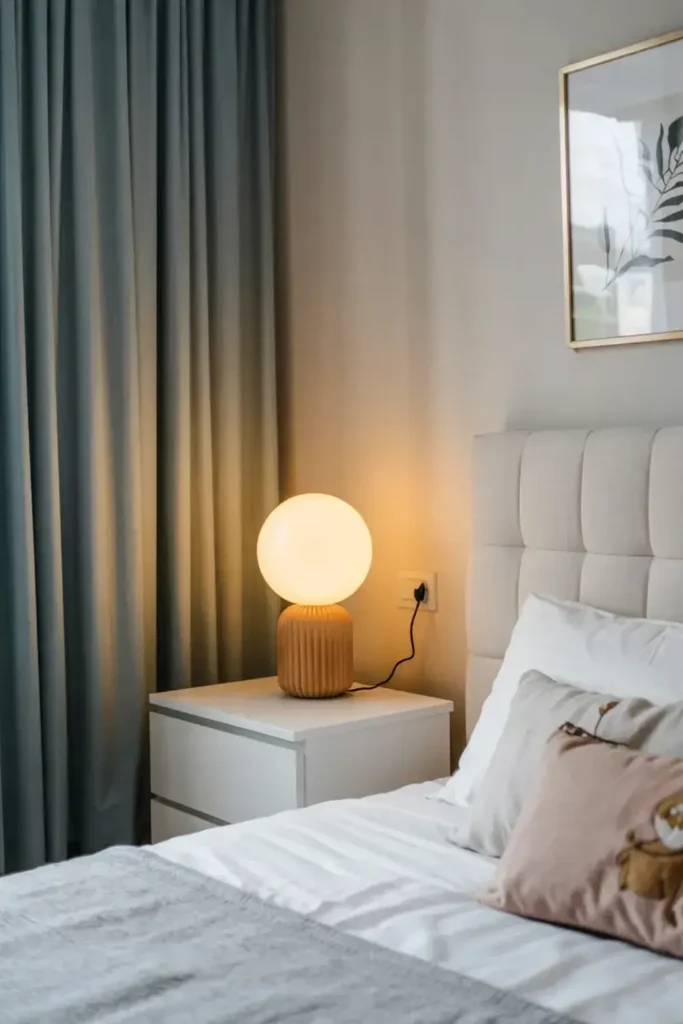 A lit globe lamp with a ridged wooden base rests on a white bedside table next to a made bed and grey curtains.