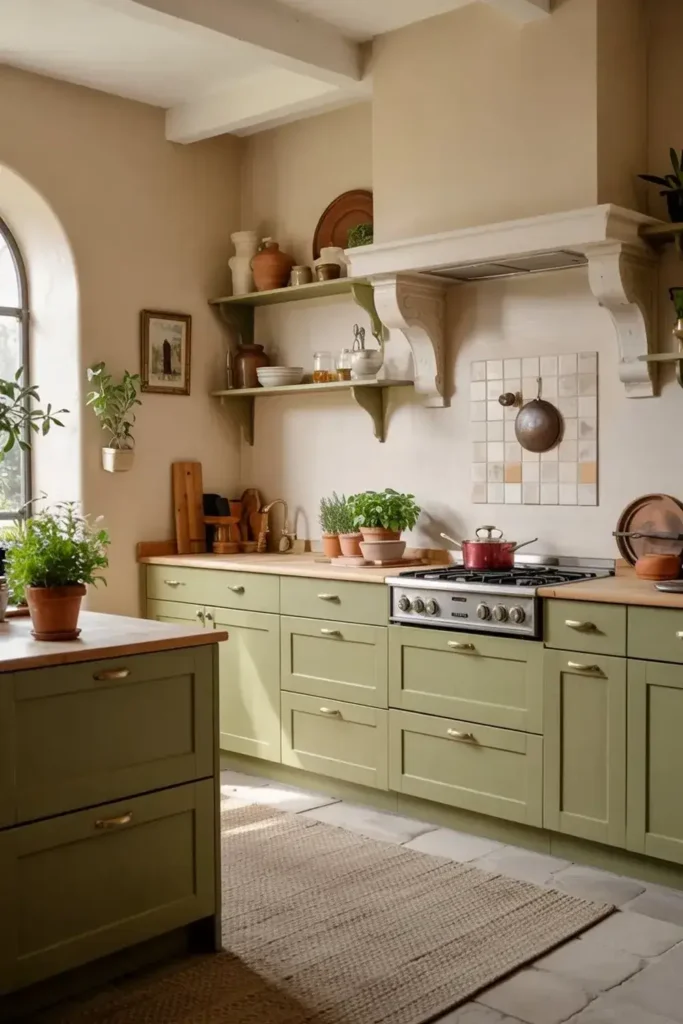A rustic kitchen with olive green cabinets, wooden countertops, and a prominent range hood, illuminated by a large arched window.