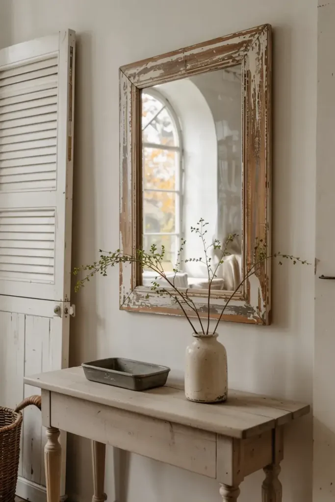 Distressed wooden mirror hangs above a rustic console table with a vase of branches and a metal tray.