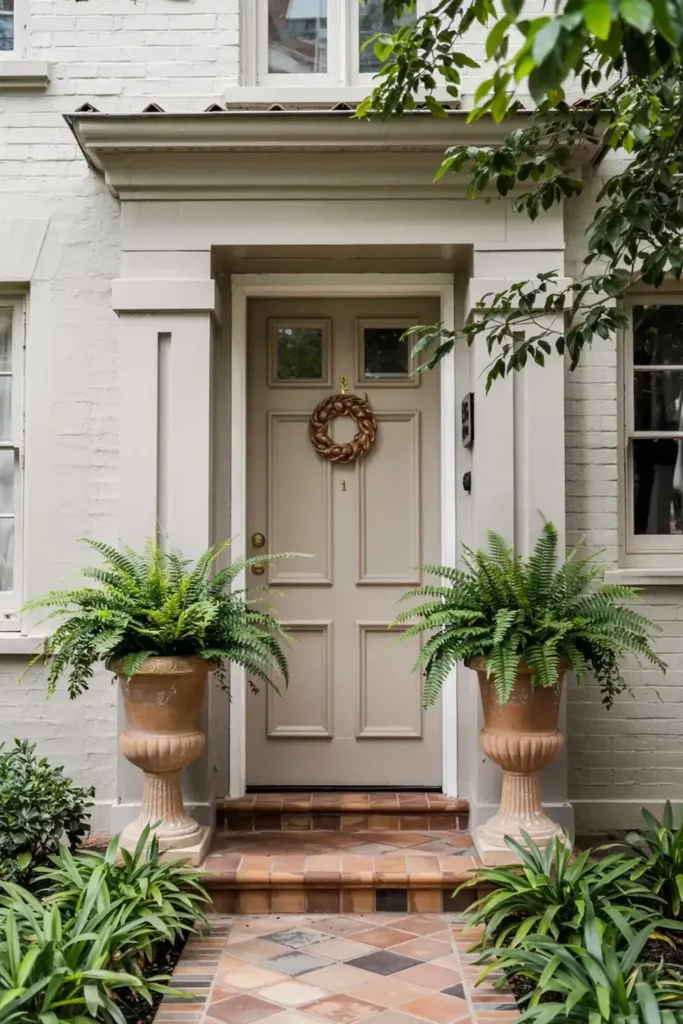 Beige front door number 1 with a wreath, flanked by two large potted ferns on terracotta steps.