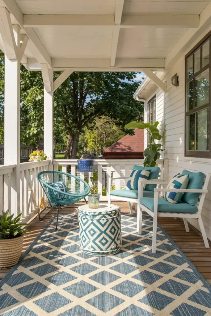 A furnished porch with white railings, a blue and white patterned rug, white chairs with blue cushions, and a turquoise accent chair.