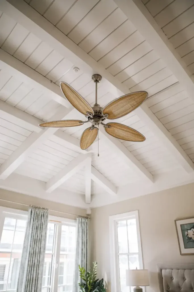 Woven-blade ceiling fan mounted on a white beamed and paneled ceiling.