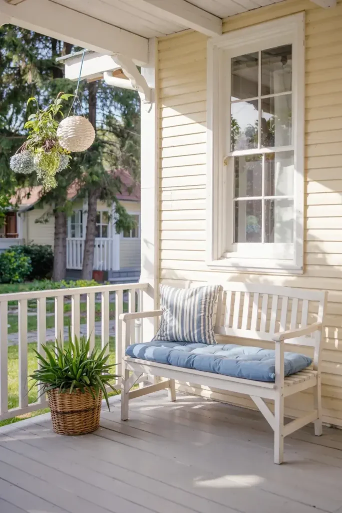 Sunny porch with a white bench, blue cushions, potted plant, and hanging plant basket.